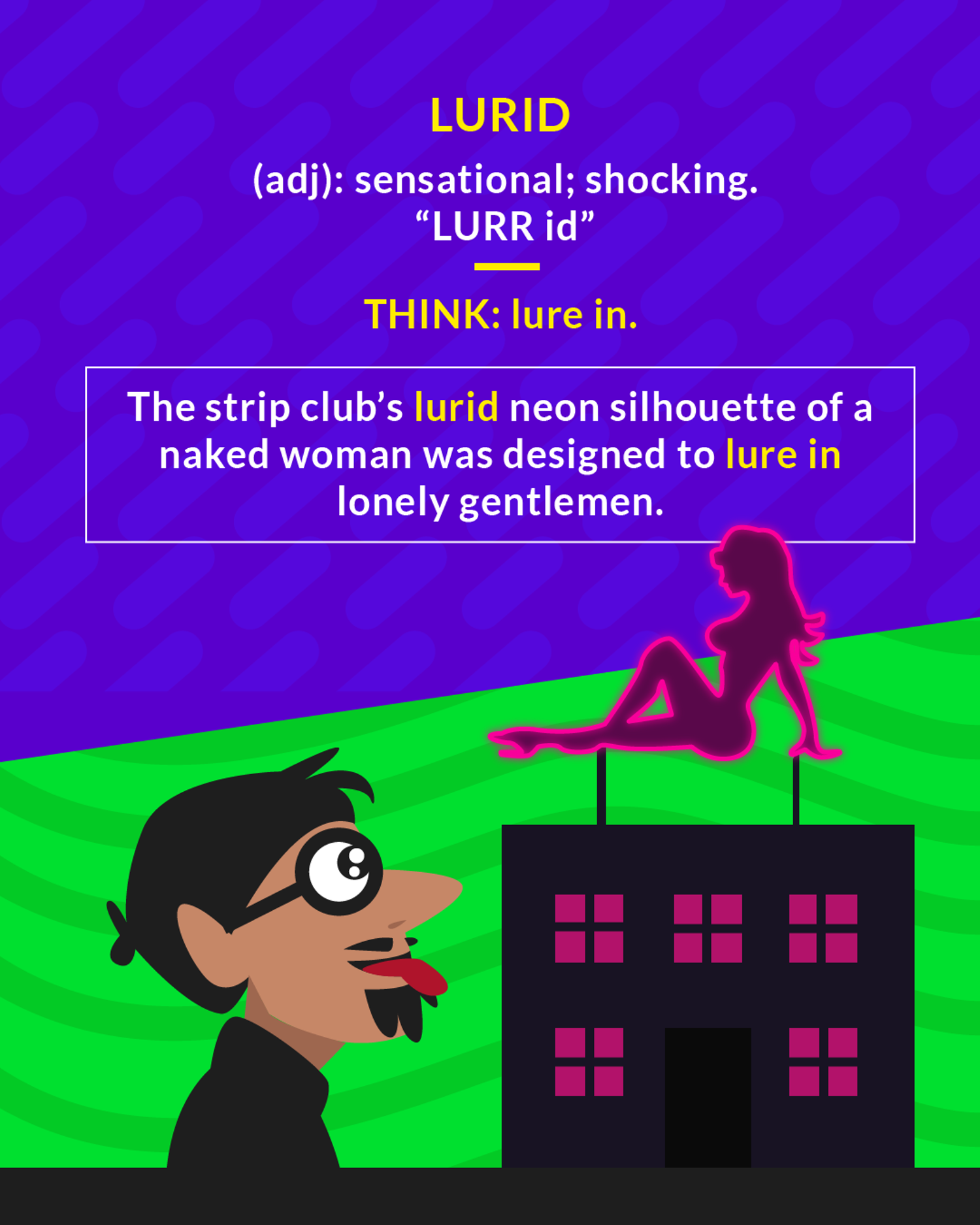 Lurid cartoon: a leering man eyeing a neon strip club sign