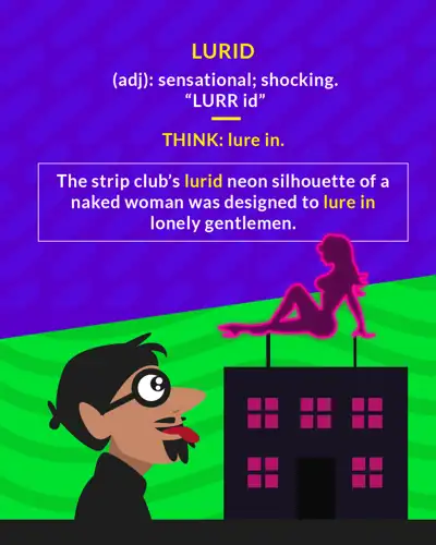 Lurid cartoon: a leering man eyeing a neon strip club sign