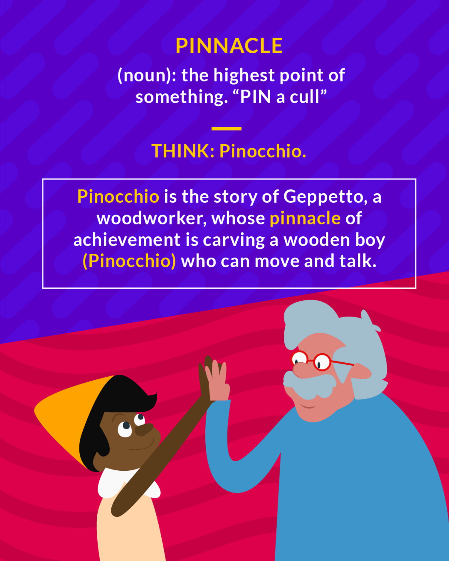 Pinnacle cartoon: Pinocchio high-fiving his woodworker maker Geppetto