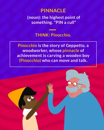 Pinnacle cartoon: Pinocchio high-fiving his woodworker maker Geppetto
