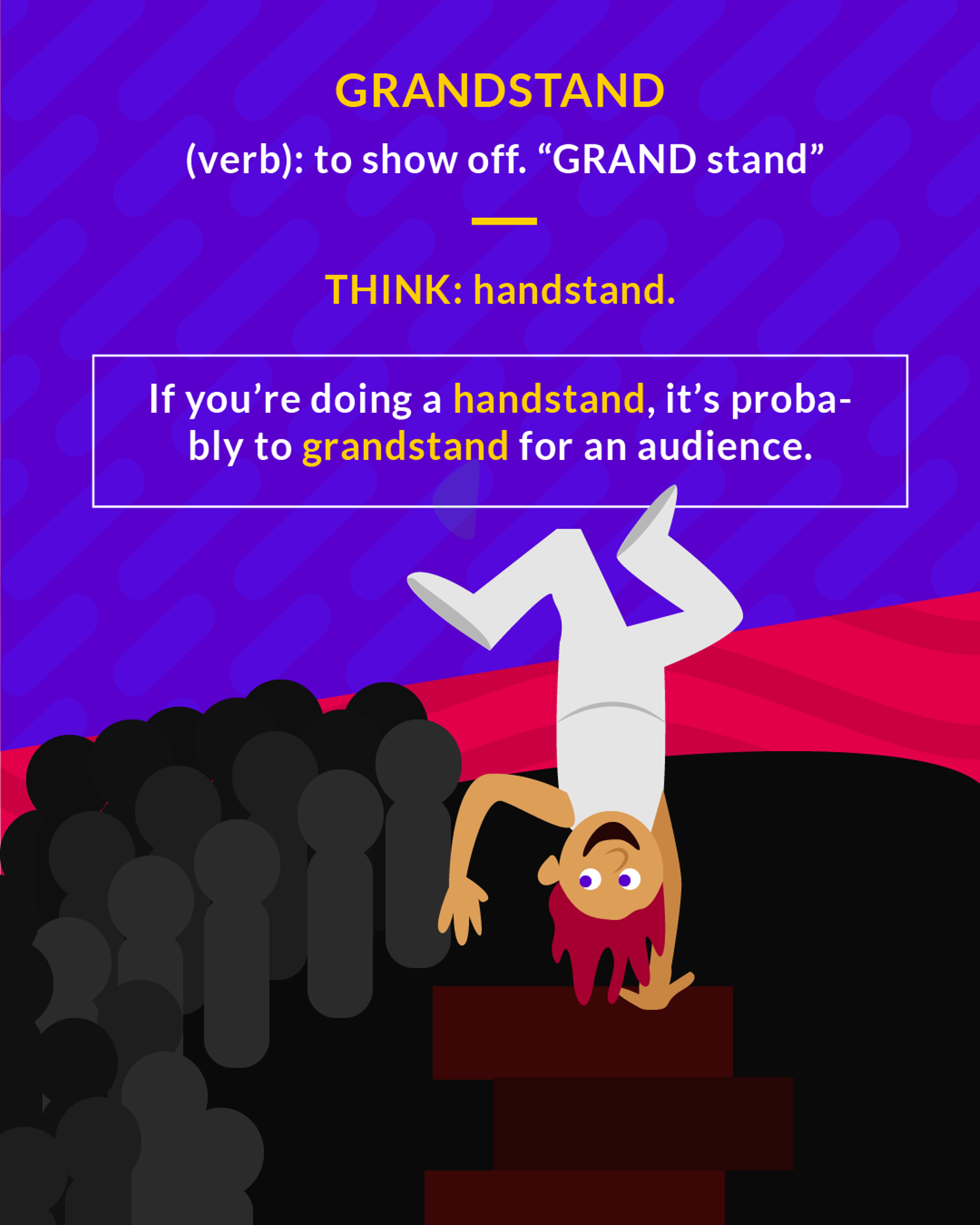 Grandstand cartoon: a person doing a handstand on bleachers in front of a crowd
