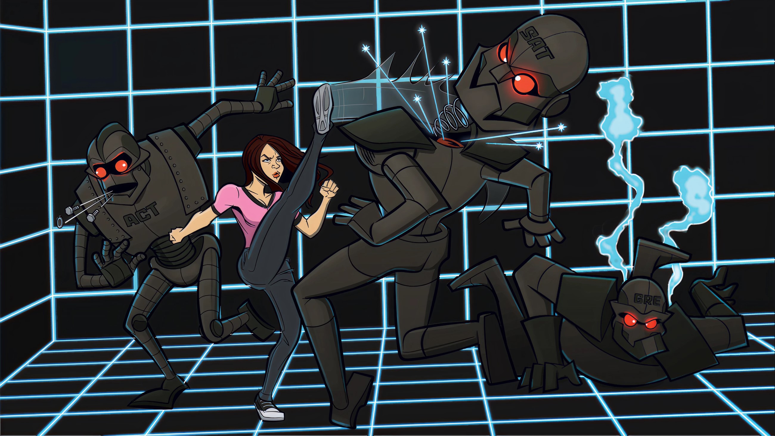 Woman kicking a robot that says SAT and punching a robot that says ACT while a robot that says GRE is smoking on the ground
