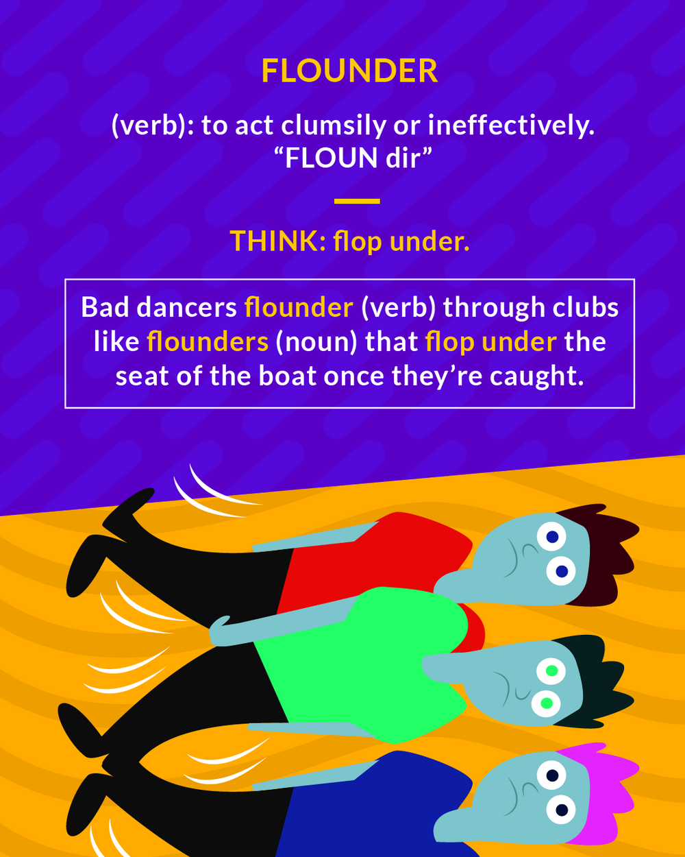 Flounder cartoon: three people flopped sideways, clumsily dancing