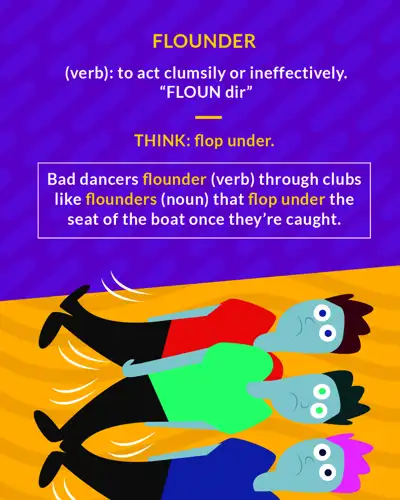 Flounder cartoon: three people flopped sideways, clumsily dancing