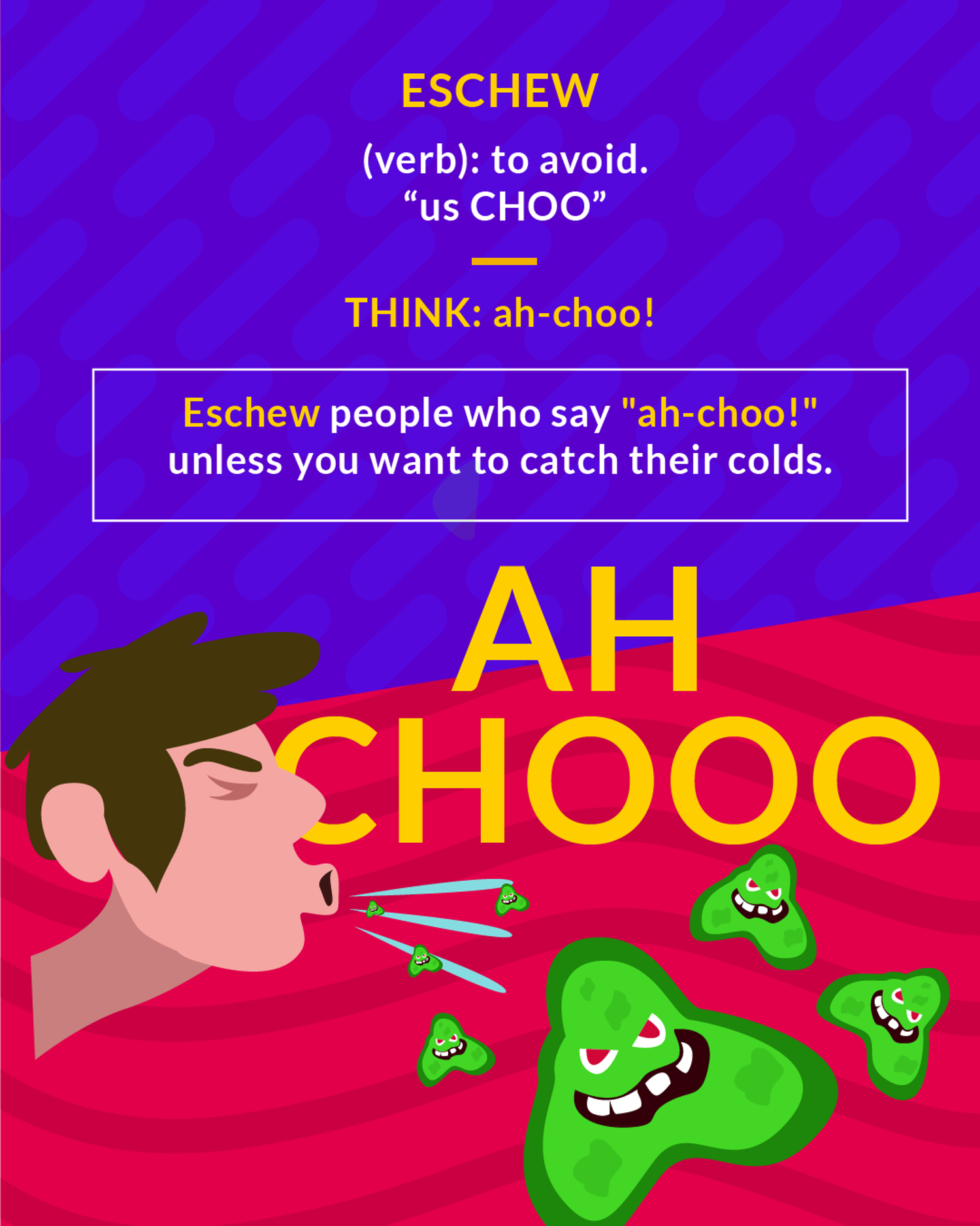 Eschew cartoon: a man sneezing away cartoon germ characters
