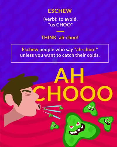 Eschew cartoon: a man sneezing away cartoon germ characters