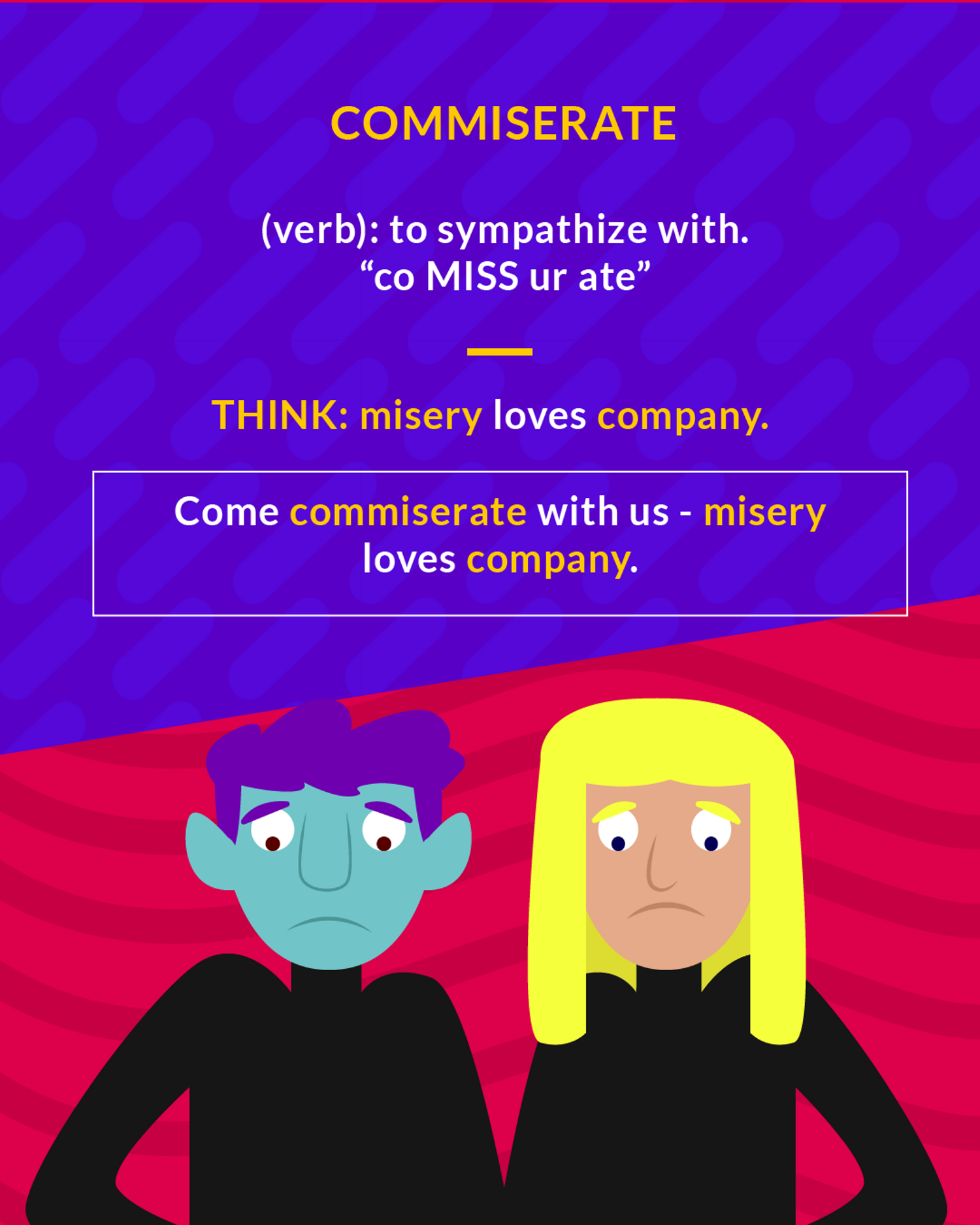 Commiserate cartoon: two sad people standing side by side