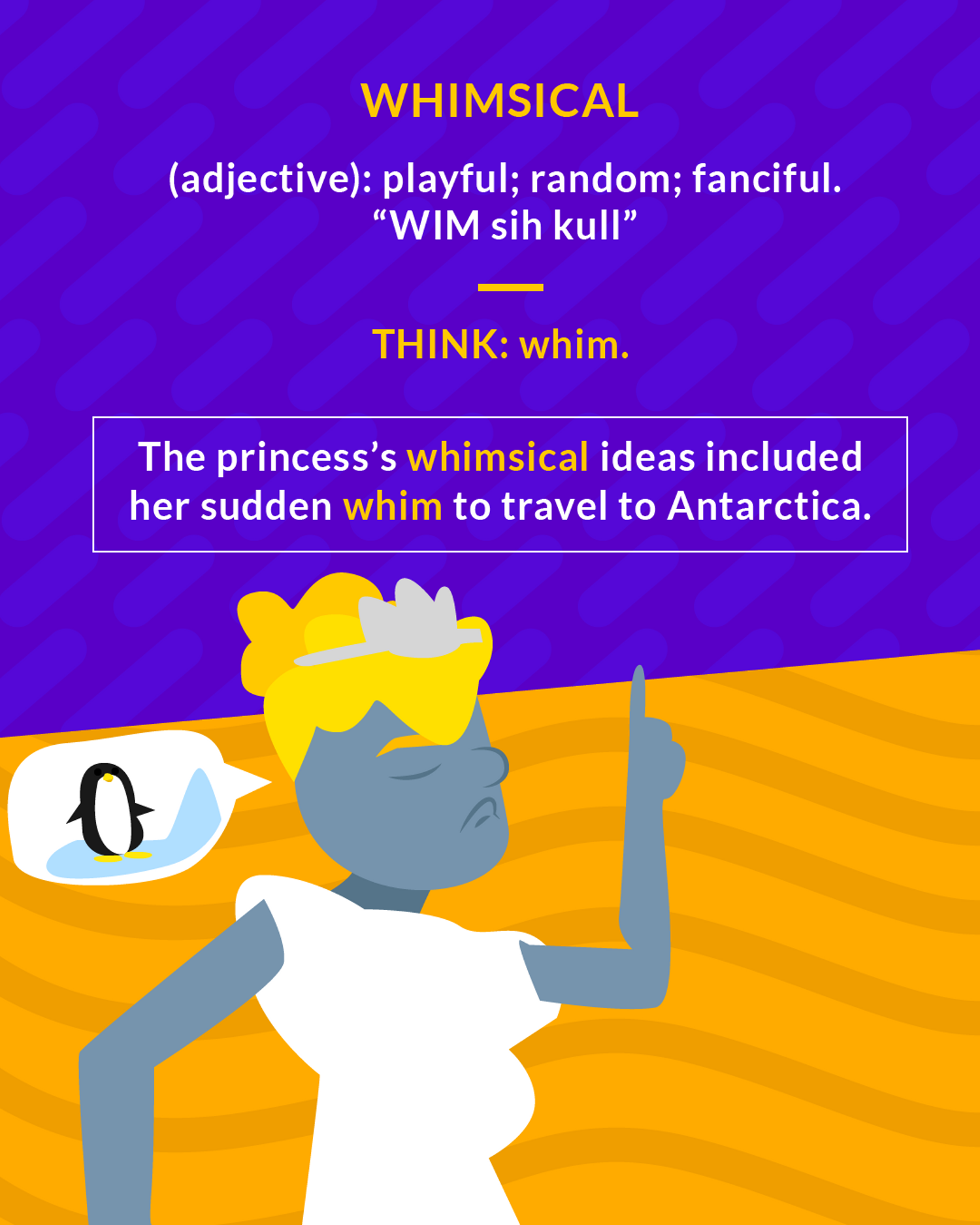 Whimsical cartoon: a princess pointing decisively, with a thought bubble of a penguin in Antarctica