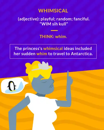 Whimsical cartoon: a princess pointing decisively, with a thought bubble of a penguin in Antarctica