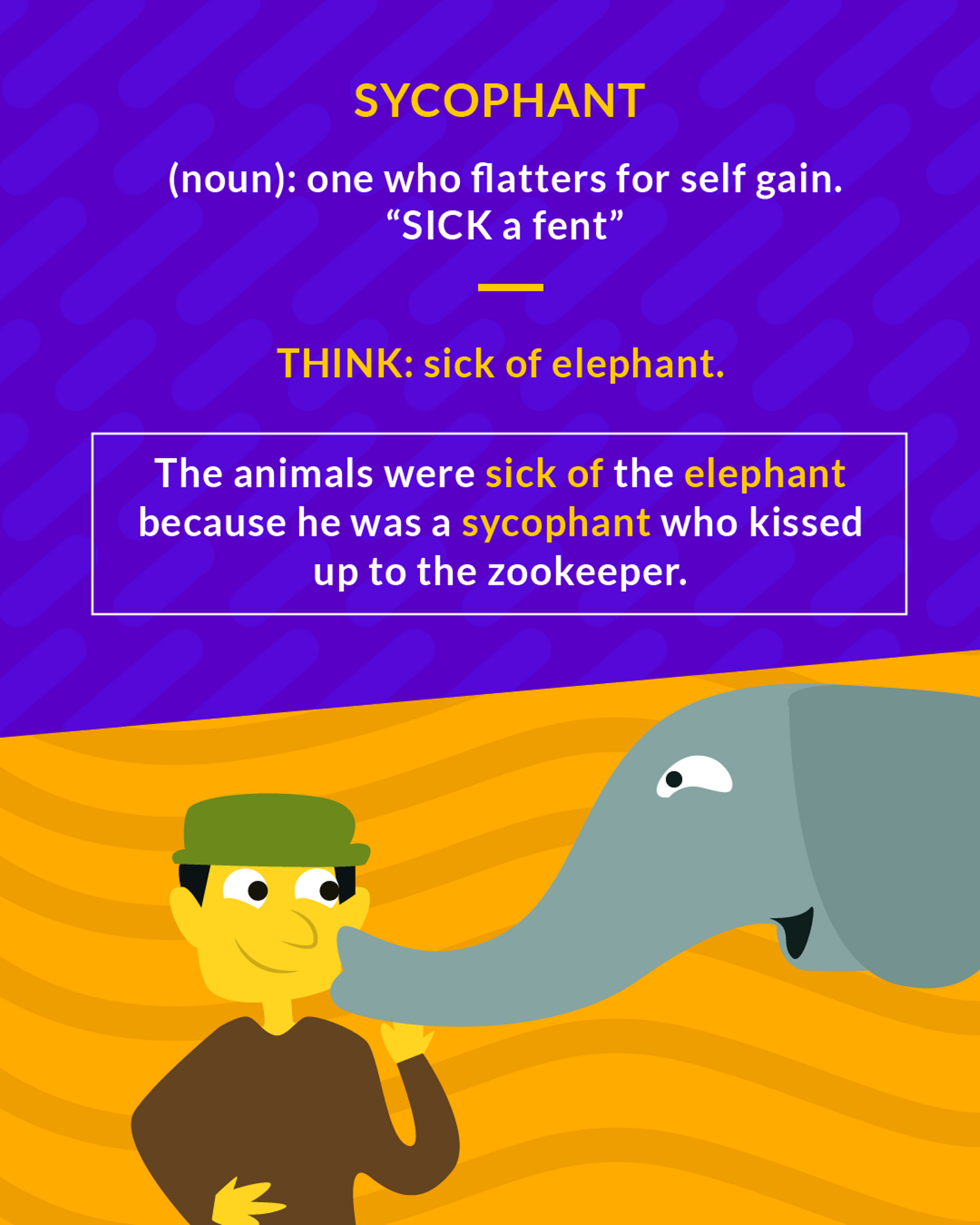 Sycophant cartoon: a zookeeper being nuzzled on the cheek by an elephant's trunk