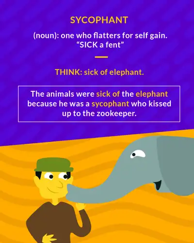 Sycophant cartoon: a zookeeper being nuzzled on the cheek by an elephant's trunk