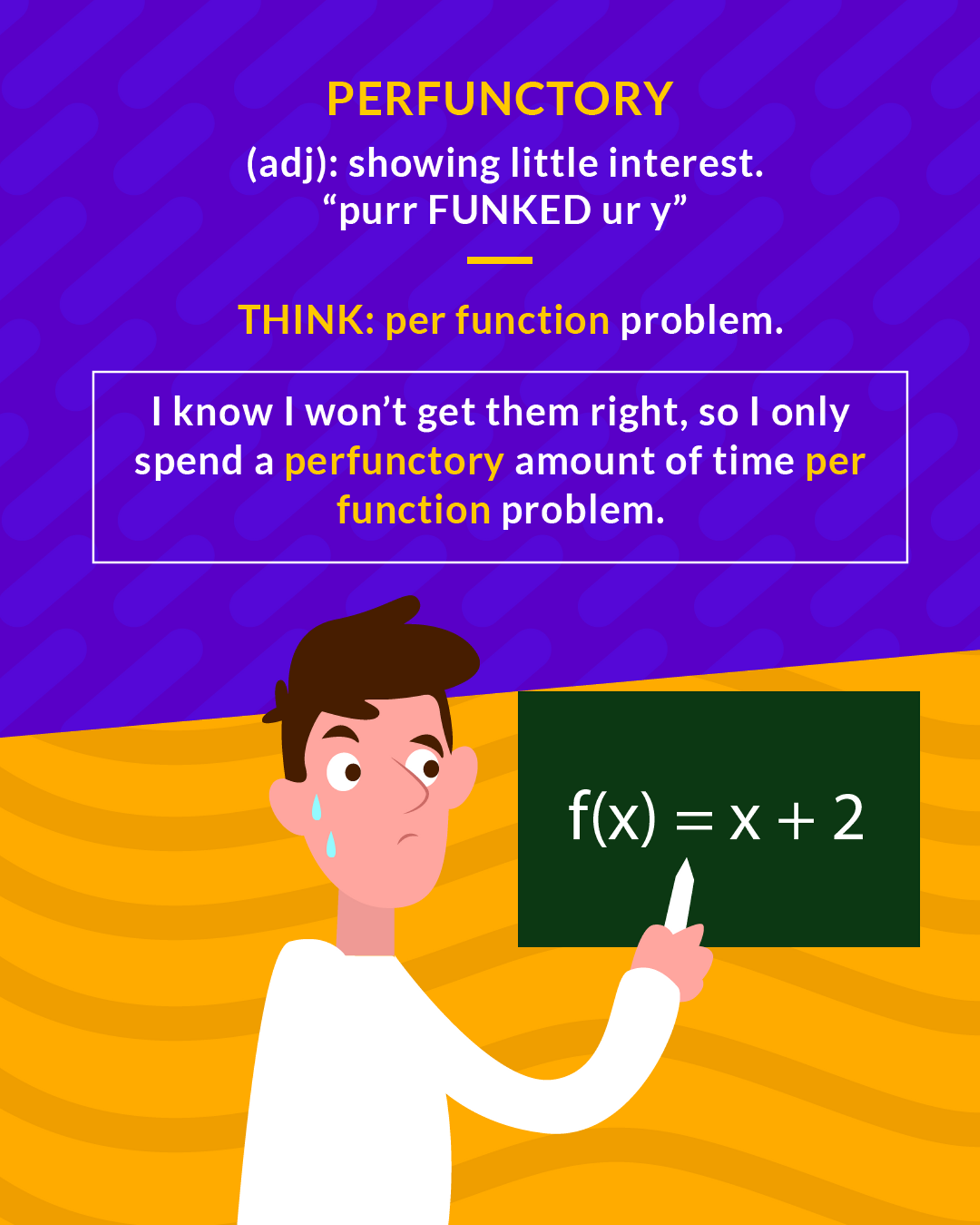 Perfunctory cartoon: a worried man in a white sweater pointing at a chalkboard that reads f(x) = x + 2