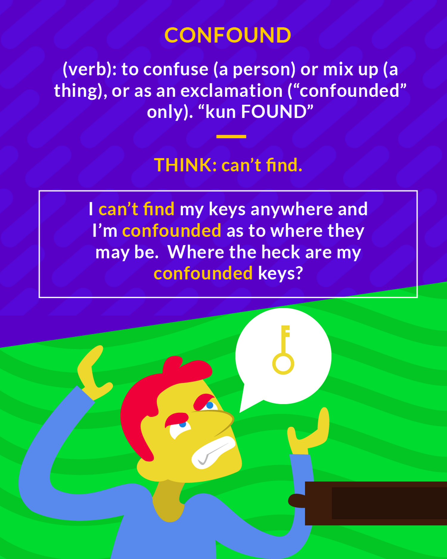 Confound cartoon: a man throwing up his hands, searching for his keys