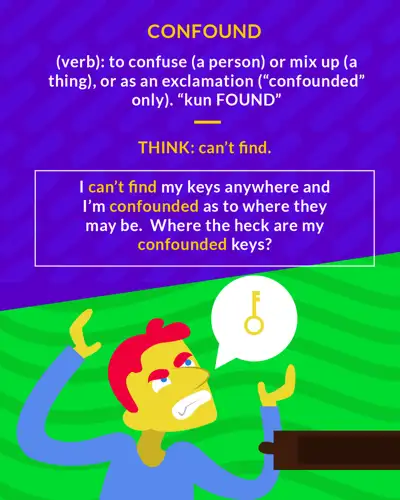 Confound cartoon: a man throwing up his hands, searching for his keys