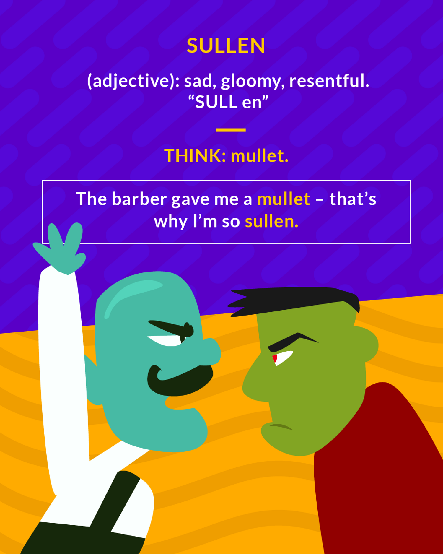 Sullen cartoon: two angry men glaring at each other face to face