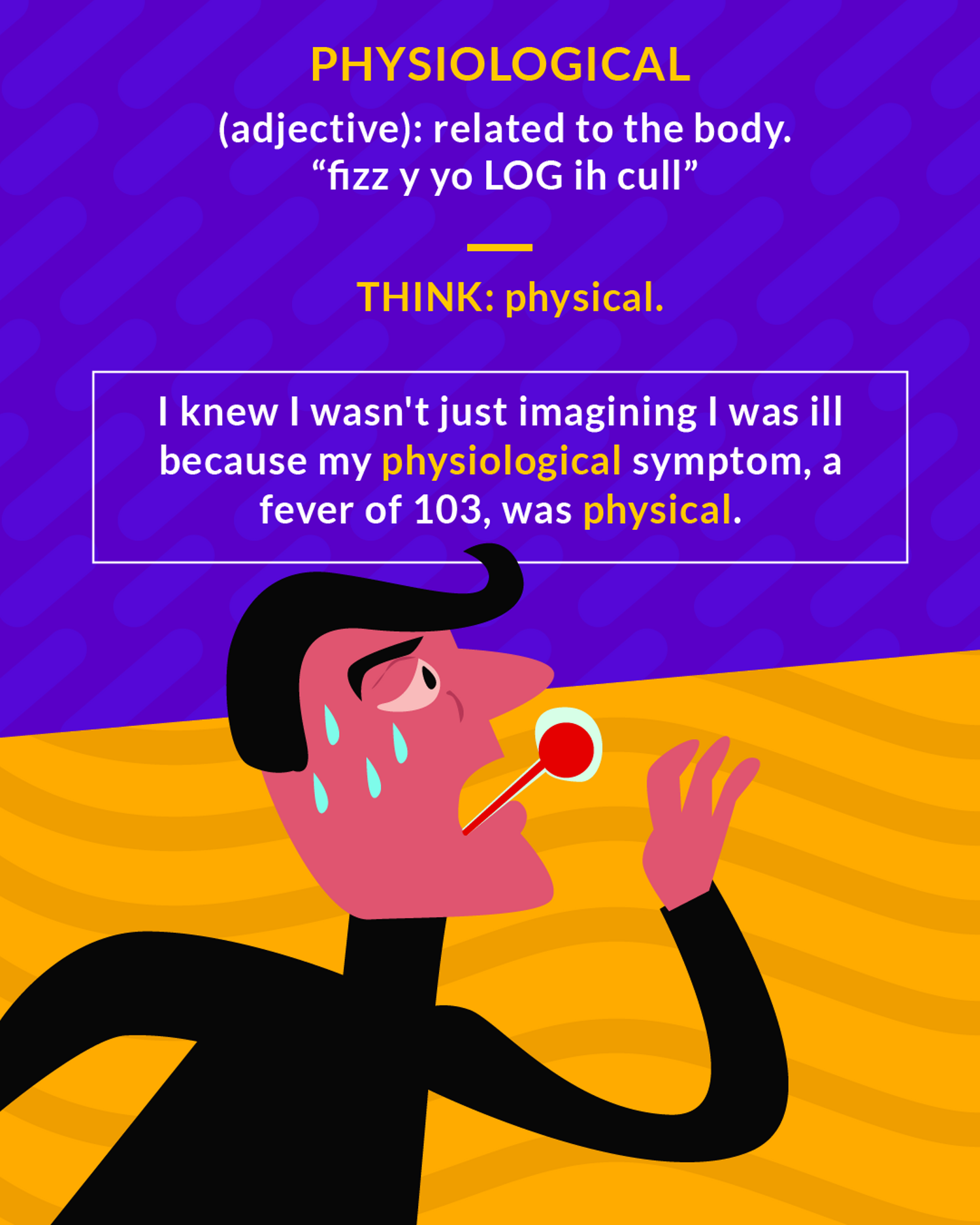 Physiological cartoon: a sweating man with a thermometer in his mouth