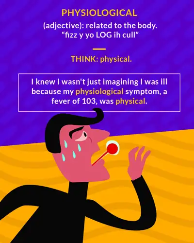 Physiological cartoon: a sweating man with a thermometer in his mouth