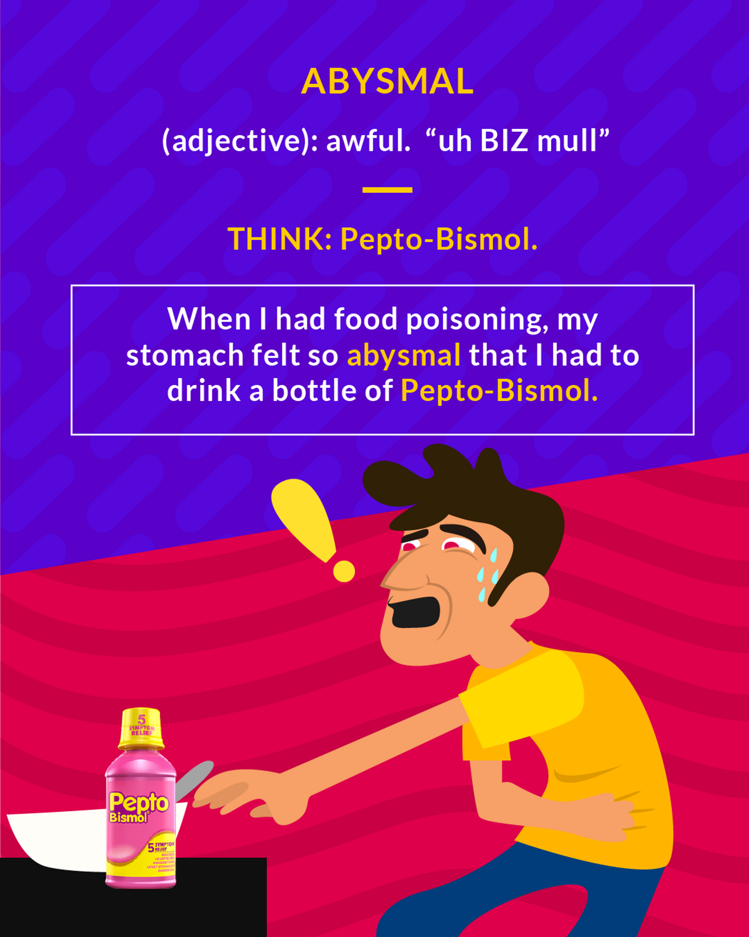 Abysmal cartoon: a queasy man pointing at a bottle of Pepto-Bismol