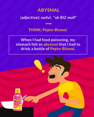 Abysmal cartoon: a queasy man pointing at a bottle of Pepto-Bismol
