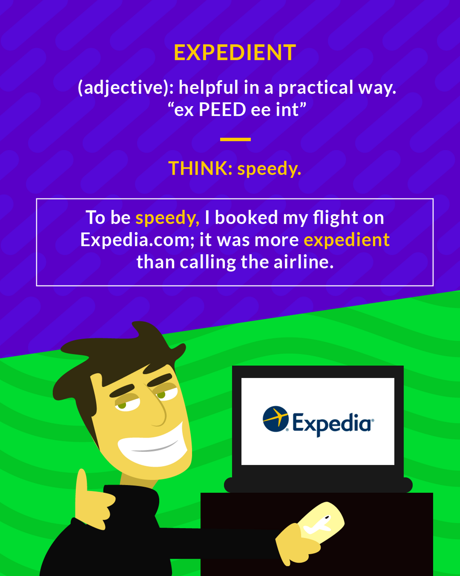 Expedient cartoon: a grinning man booking a flight on a laptop showing the Expedia logo