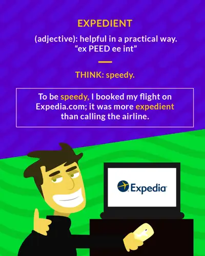 Expedient cartoon: a grinning man booking a flight on a laptop showing the Expedia logo