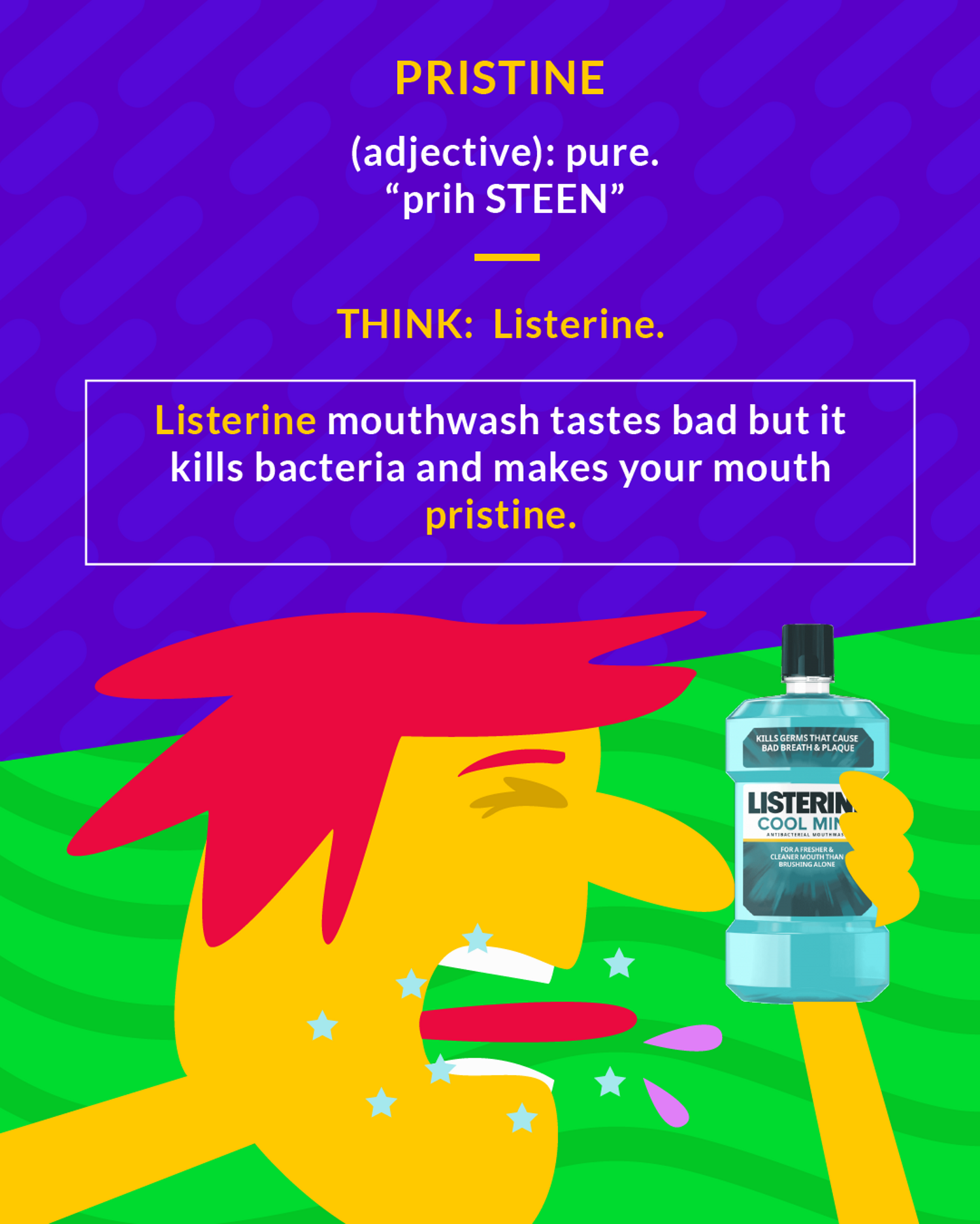 Pristine cartoon: a man gargling mouthwash with sparkle effects