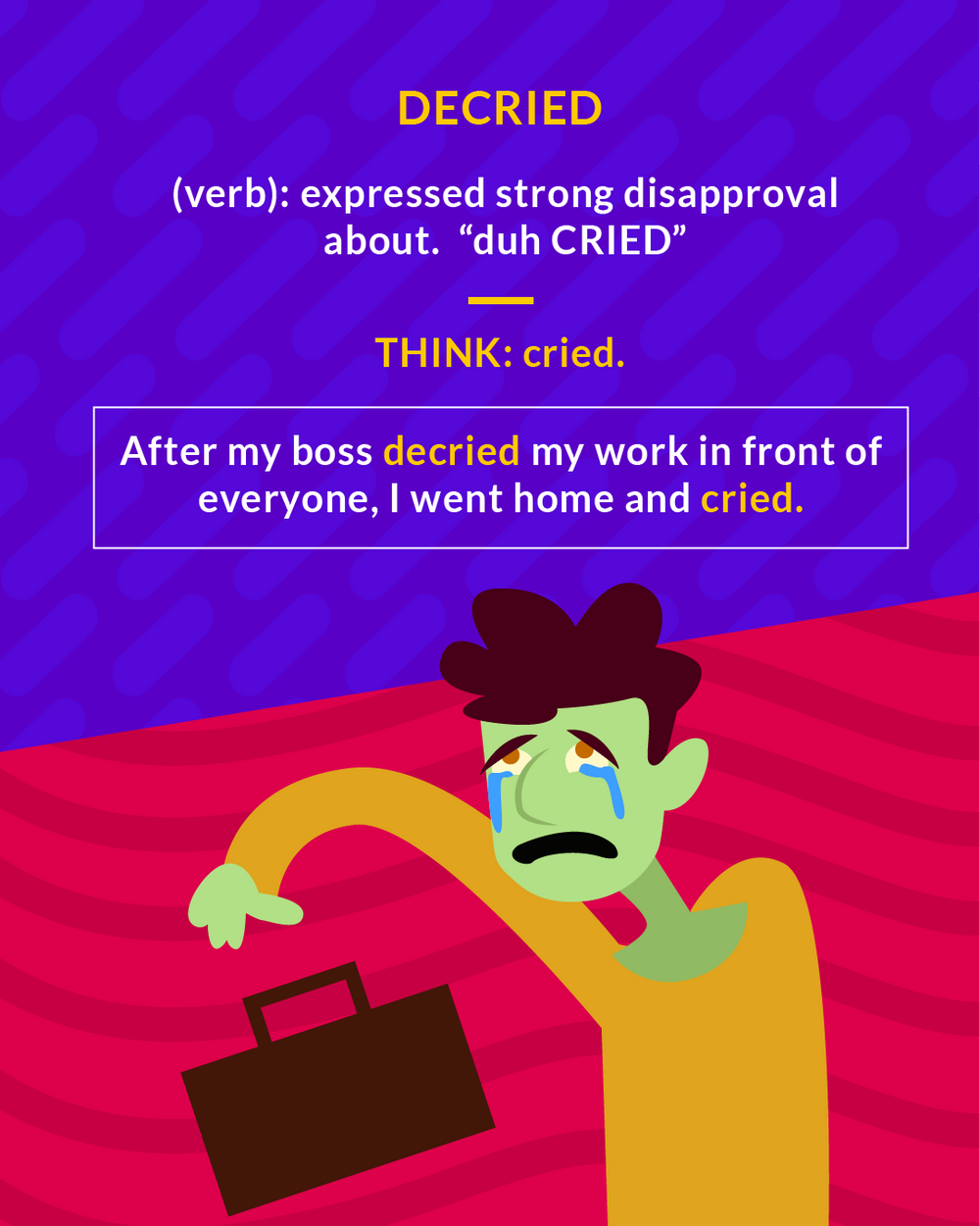 Decried cartoon: a man with tears on his face carrying a briefcase