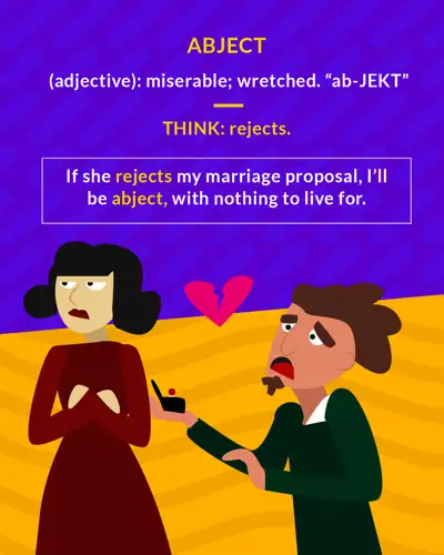 Abject cartoon: a man kneeling with a ring box and a broken heart as a woman recoils