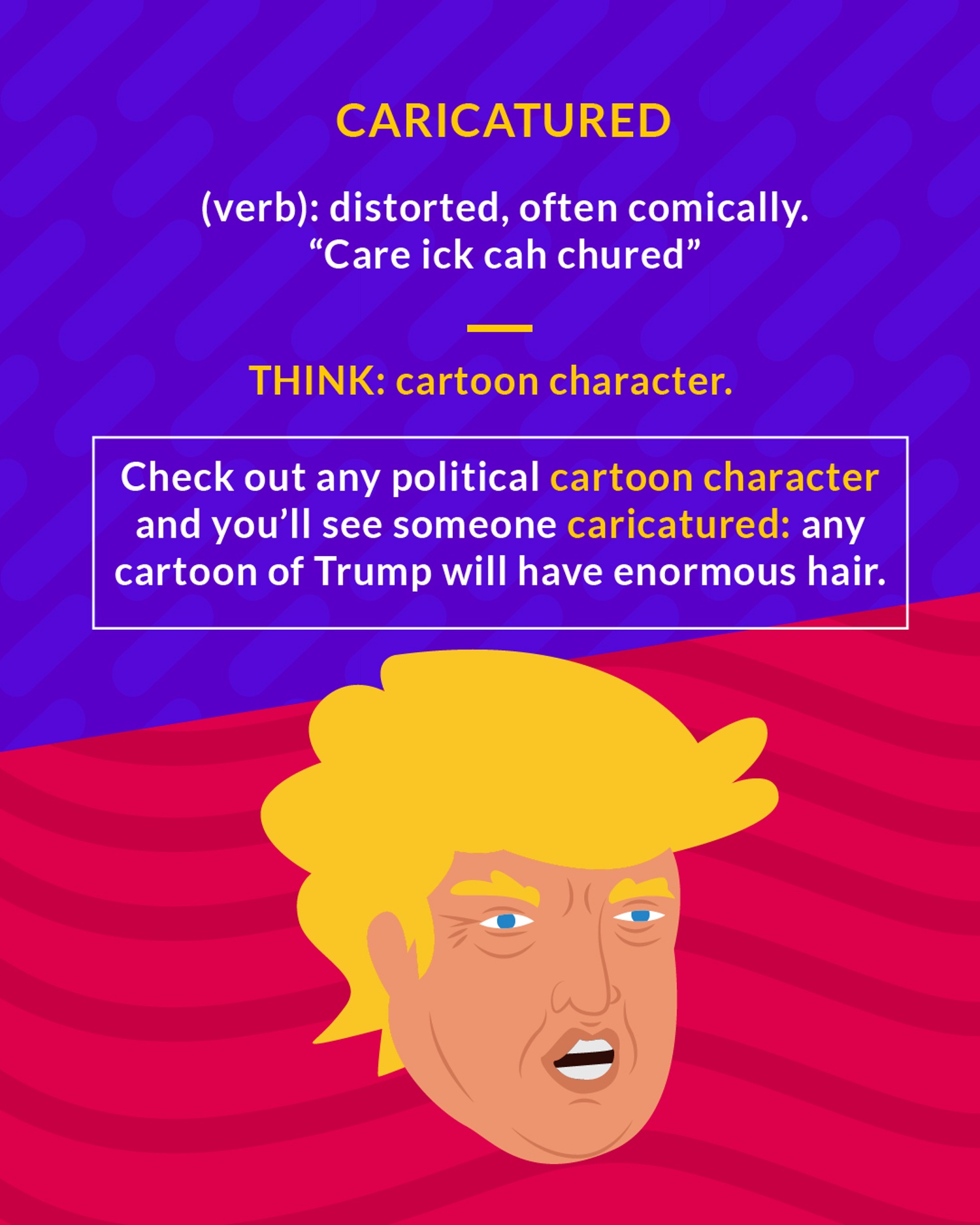 Caricatured cartoon: a drawing of a man with enormous blond hair