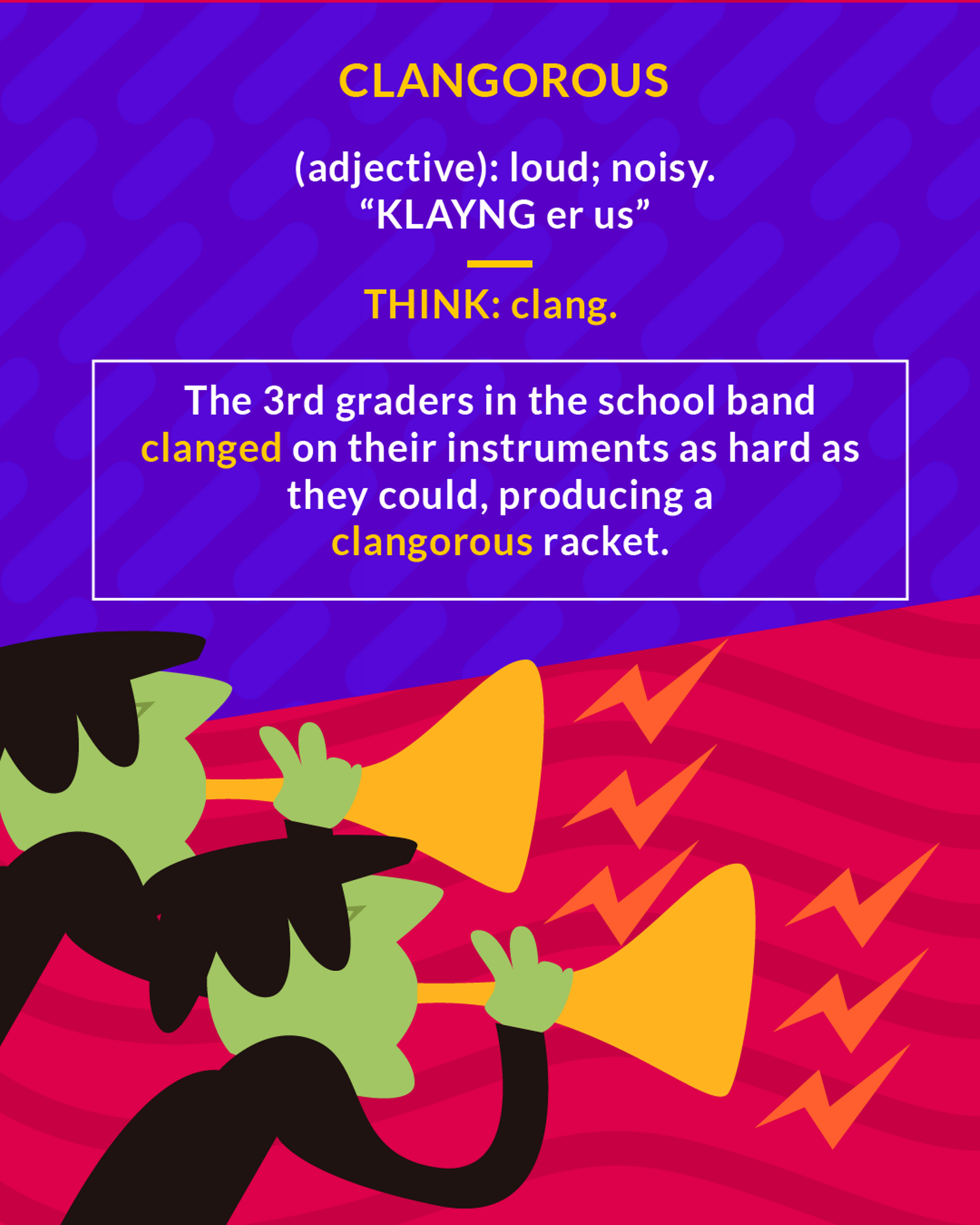 Clangorous cartoon: two figures blasting horns loudly