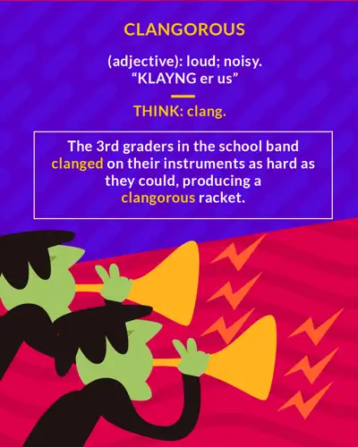 Clangorous cartoon: two figures blasting horns loudly