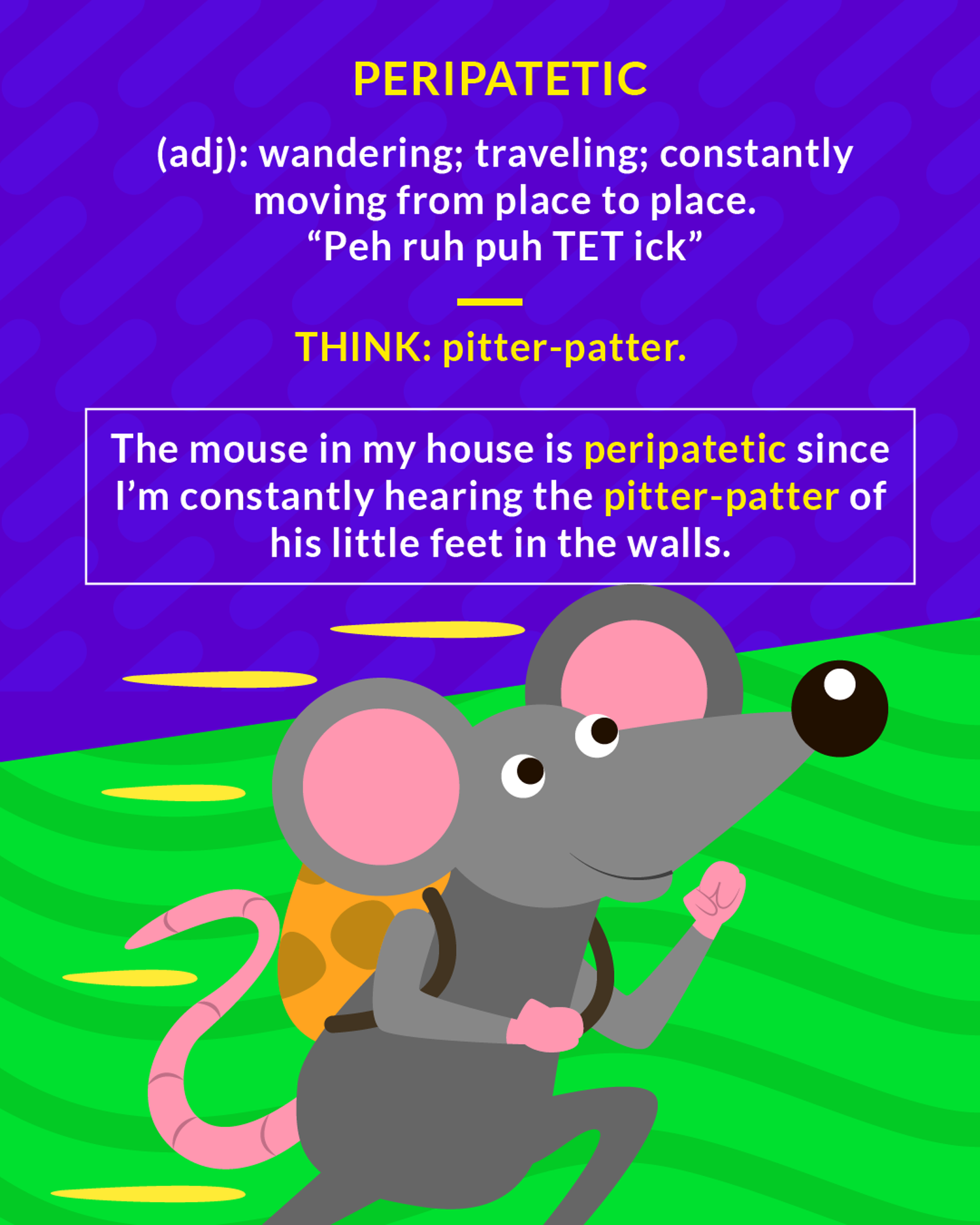 Peripatetic cartoon: a mouse wandering with a backpack