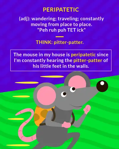 Peripatetic cartoon: a mouse wandering with a backpack