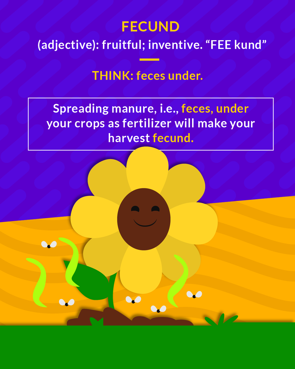 Fecund cartoon: a smiling sunflower growing in fertile soil