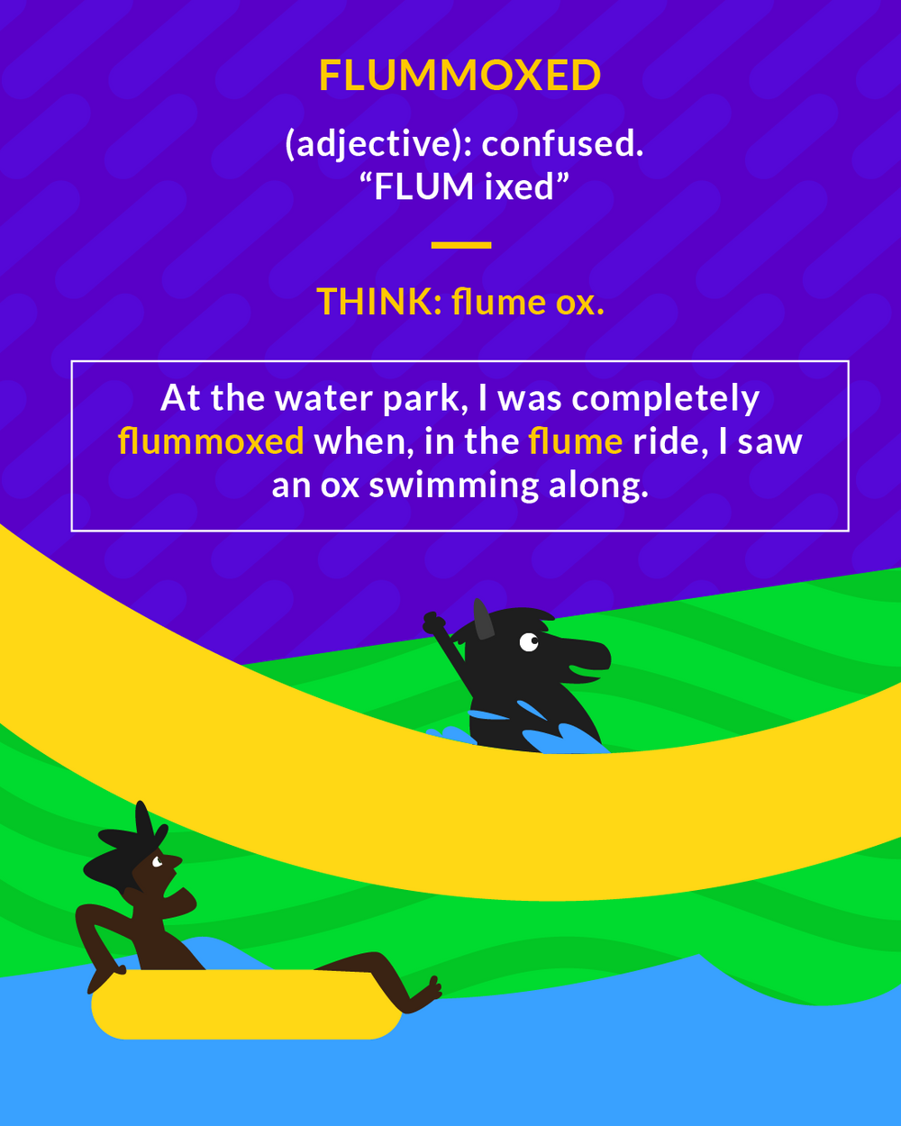 Flummoxed cartoon: a confused ox floating down a water-park flume ride