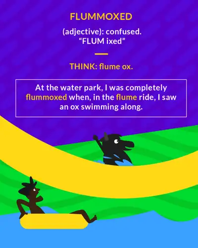 Flummoxed cartoon: a confused ox floating down a water-park flume ride