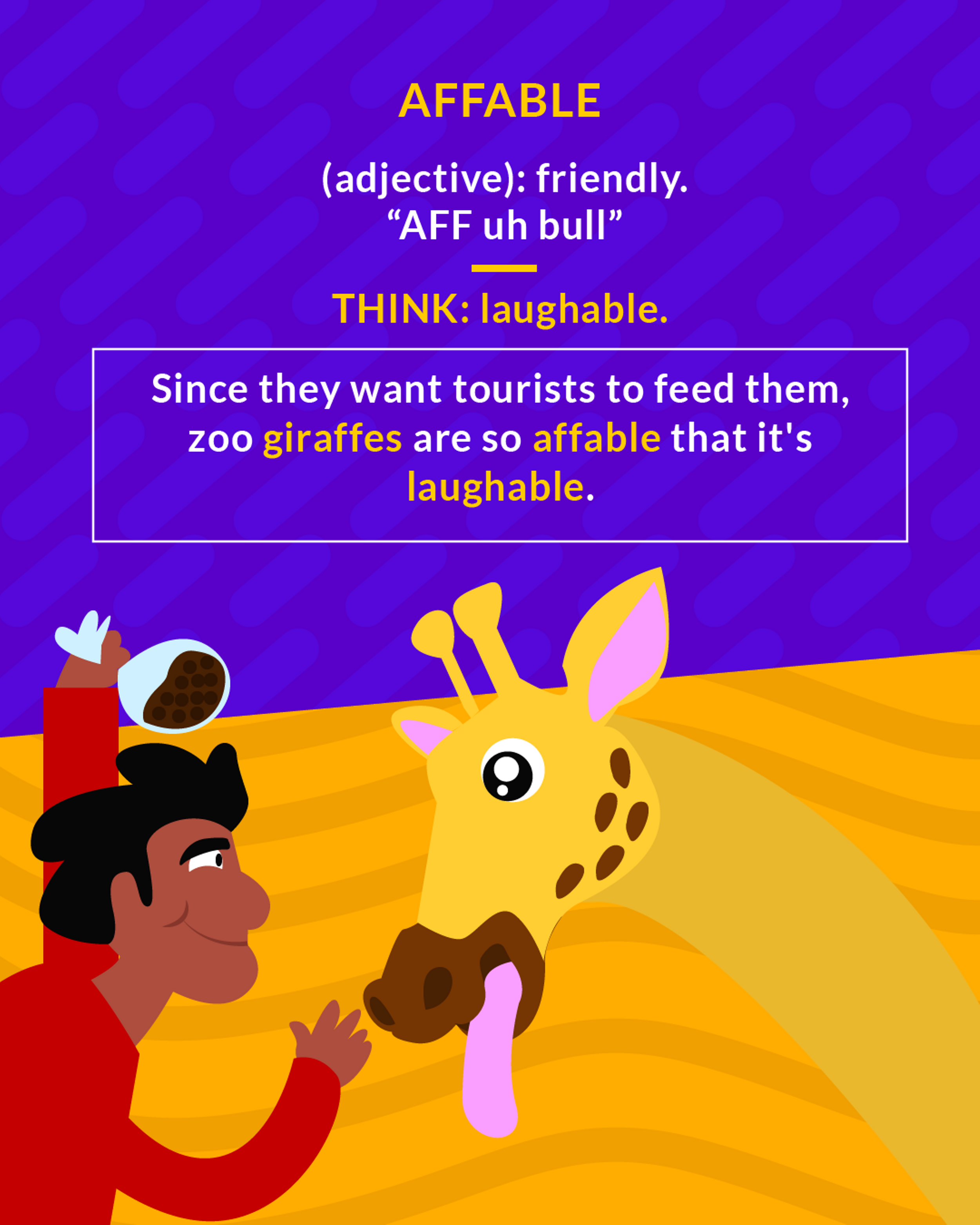 Affable cartoon: a giraffe with its tongue out taking food from a tourist at the zoo