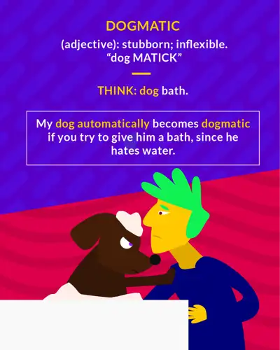 Dogmatic cartoon: a green-haired man facing a brown dog next to a bathtub