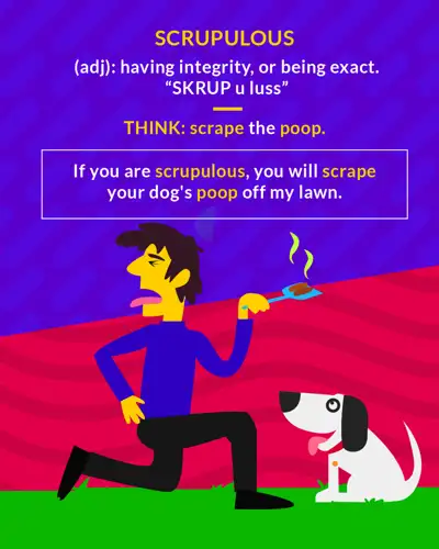 Scrupulous cartoon: a man scraping dog poop off the lawn while his dog watches