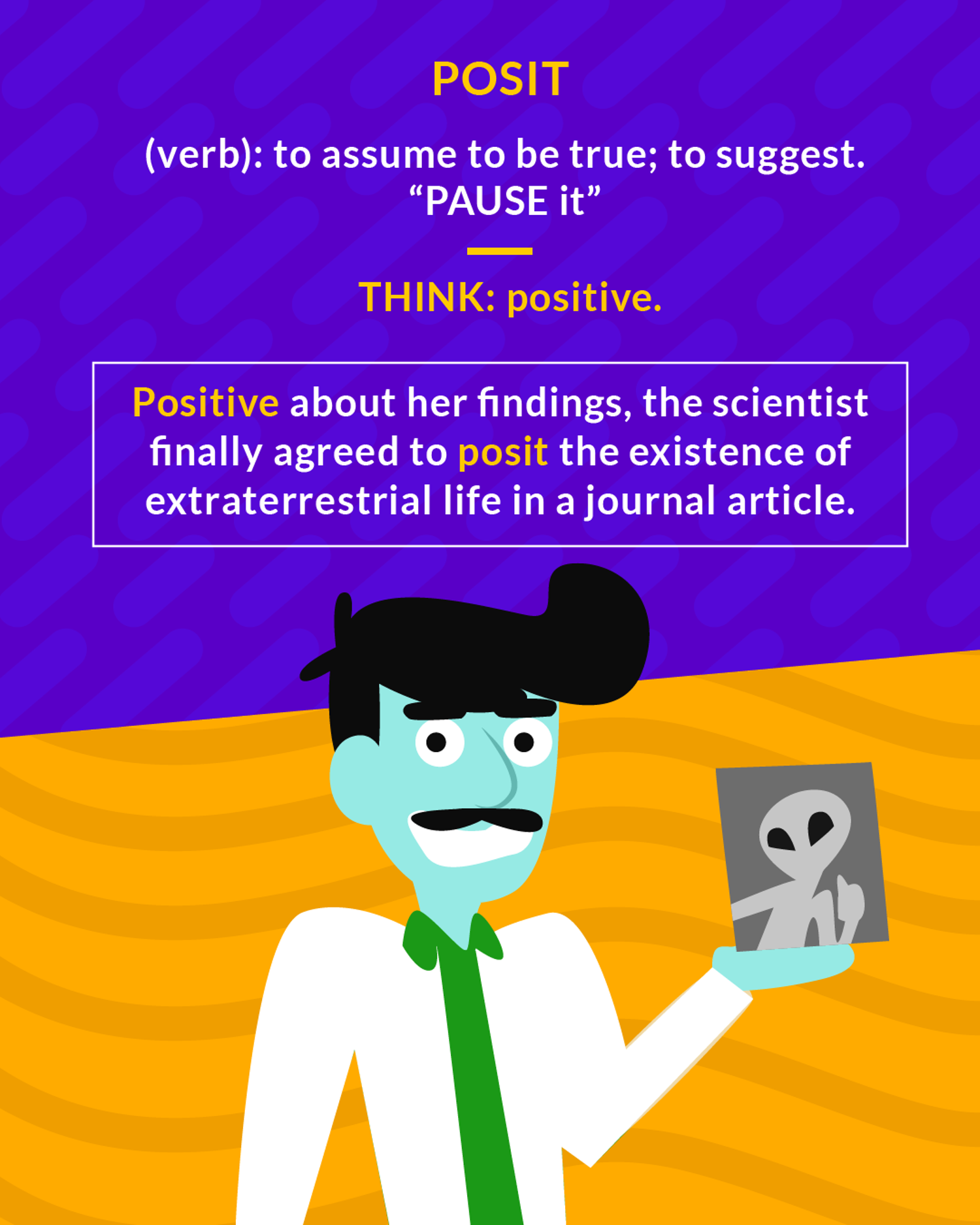 Posit cartoon: a smiling scientist holding up a photo of an alien