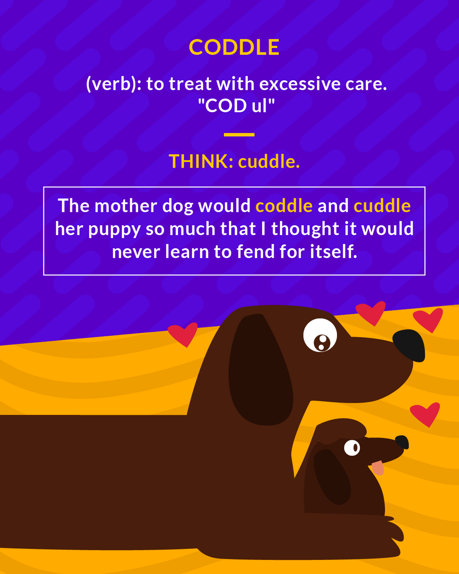 Coddle cartoon: a mother dog nuzzling her puppy, hearts floating around them