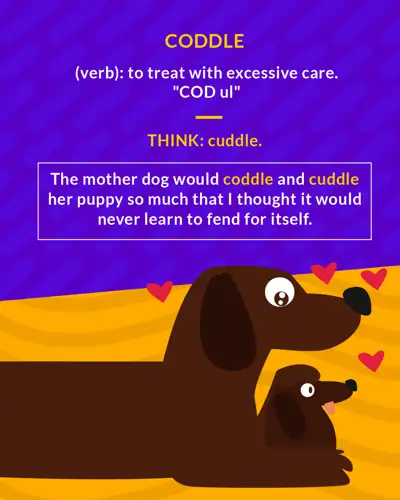Coddle cartoon: a mother dog nuzzling her puppy, hearts floating around them