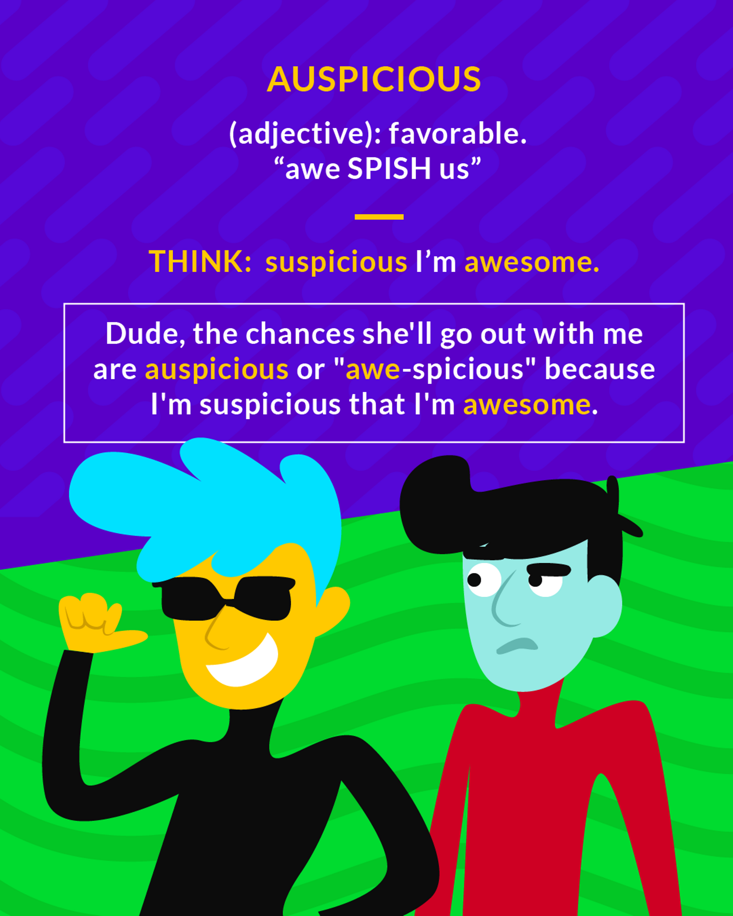 Auspicious cartoon: a smirking man in sunglasses beside a skeptical man in a red shirt