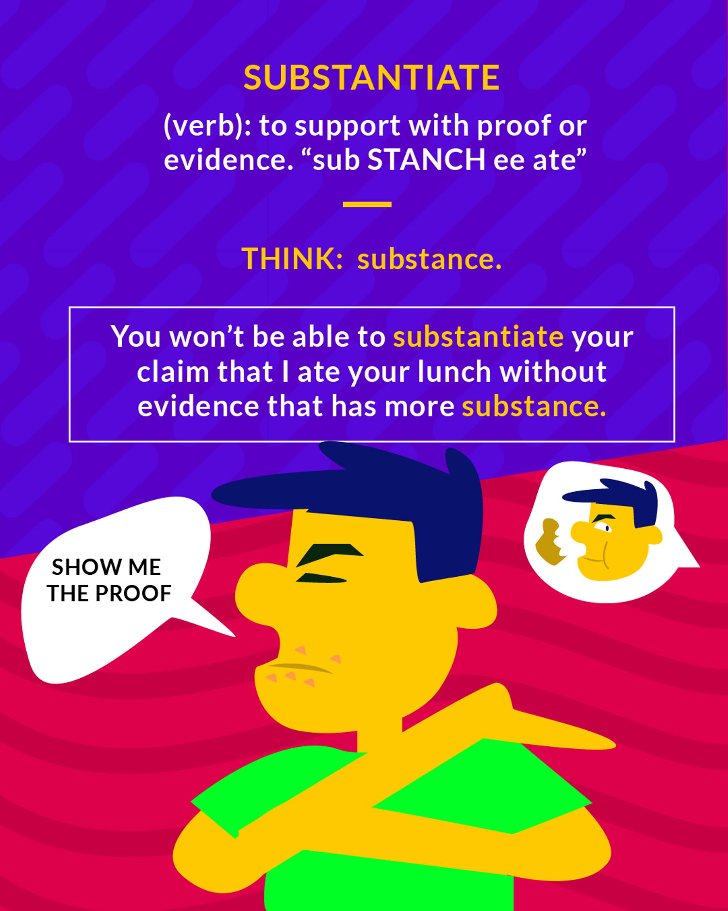 Substantiate cartoon: a skeptical man with crossed arms saying SHOW ME THE PROOF