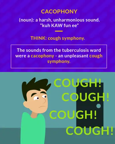Cacophony cartoon: a man wincing next to a wall repeating the word cough