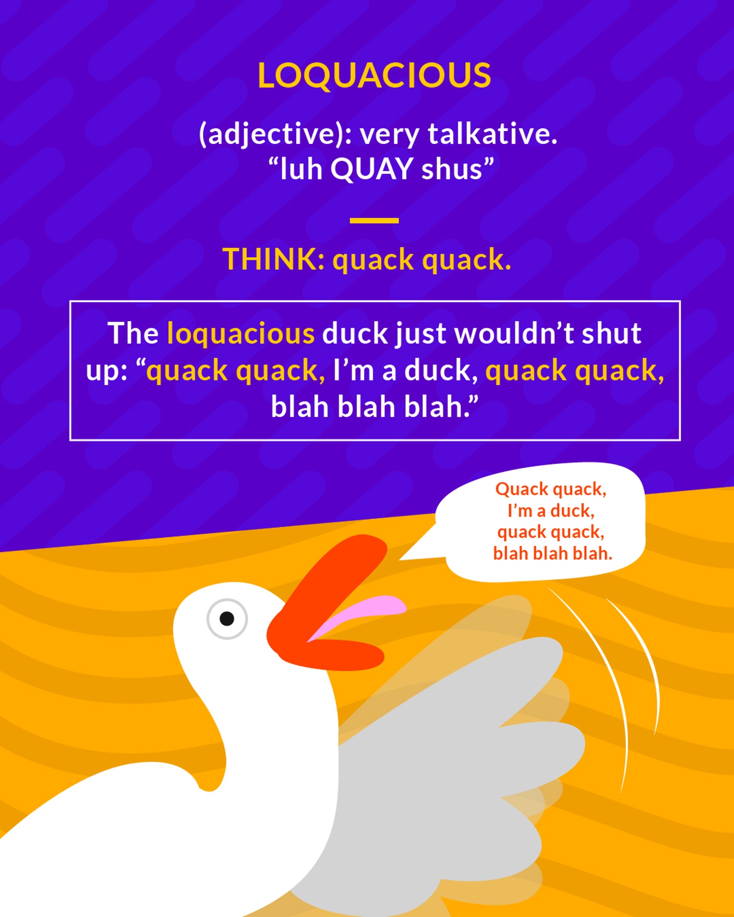 Loquacious cartoon: a duck flapping its wing and talking non-stop