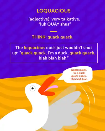 Loquacious cartoon: a duck flapping its wing and talking non-stop