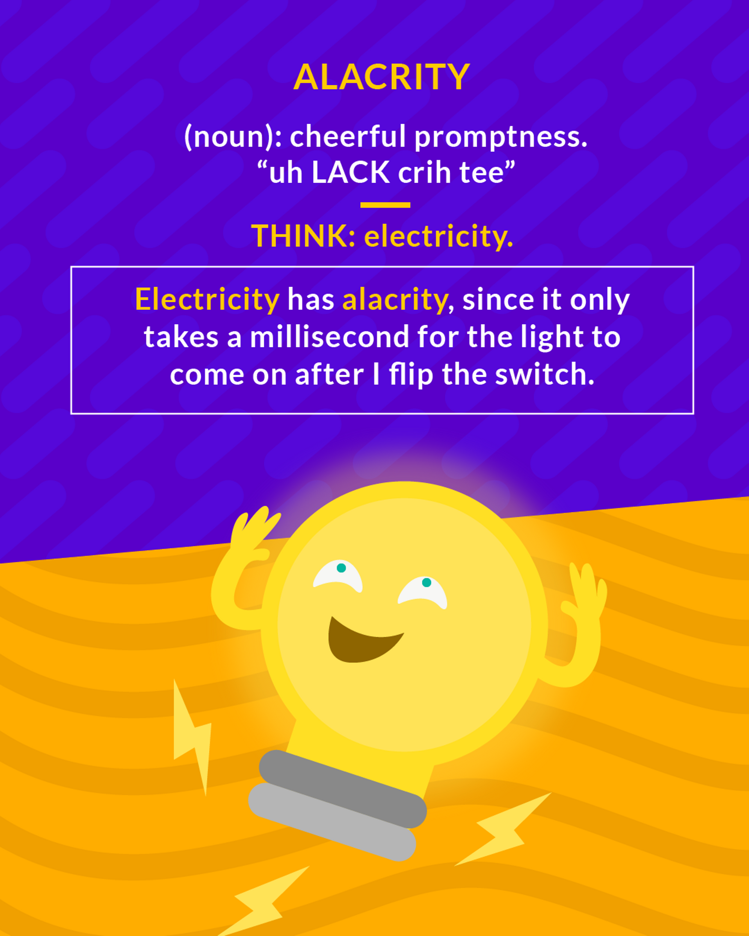 Alacrity cartoon: a cheerful light bulb with arms and lightning bolts around it