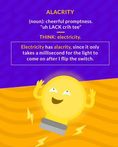 Alacrity cartoon: a cheerful light bulb with arms and lightning bolts around it