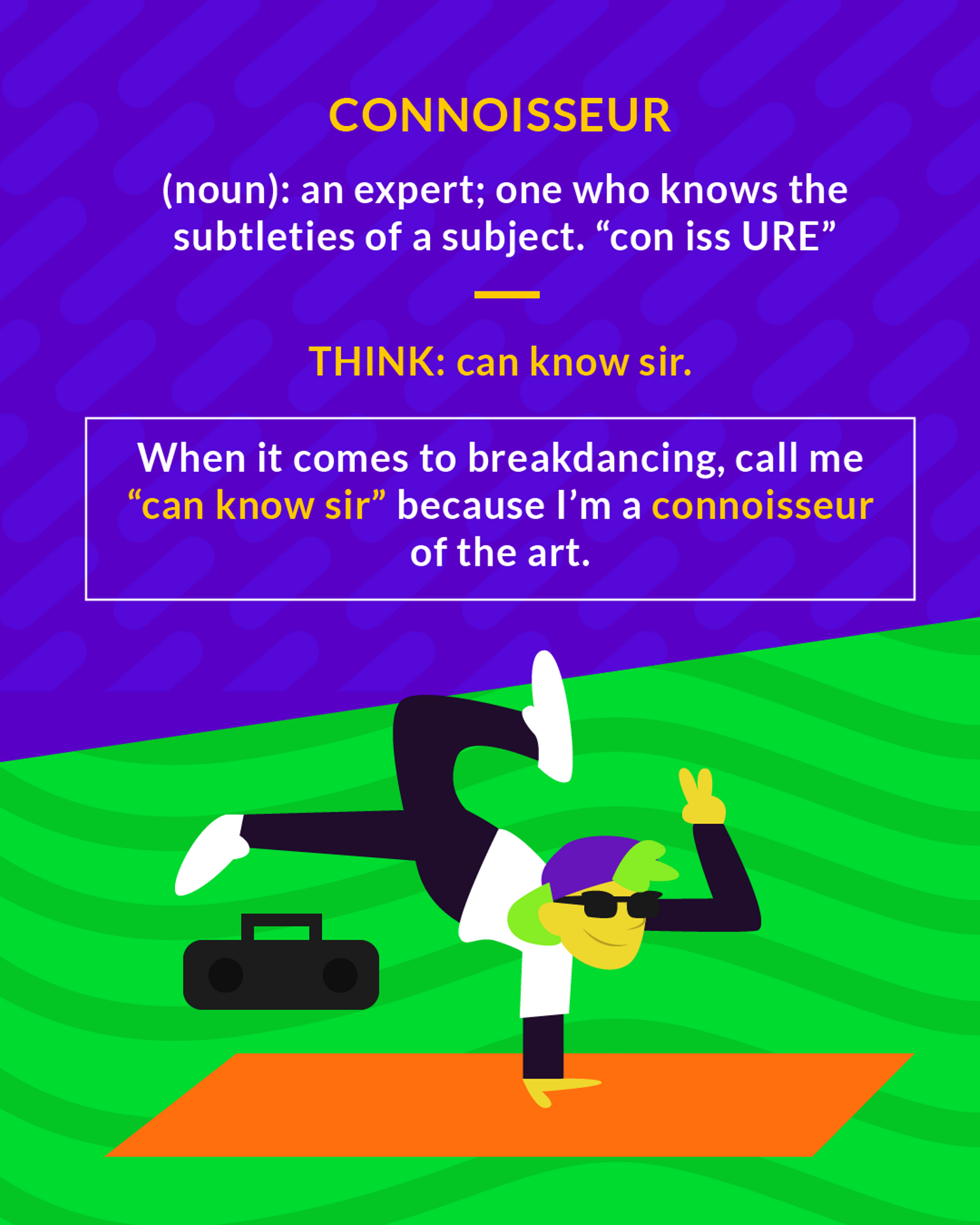 Connoisseur cartoon: a breakdancer in sunglasses spinning on a mat beside a boombox